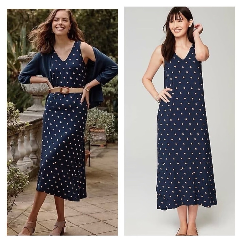 J. Jill Navy Polka Dot Flounced Hem Midi Dress Small